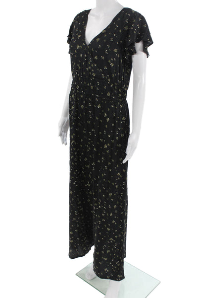 Able Women Maxi Wrap Dress Black Floral Short Sleeve V Neck 100% Viscose Size L