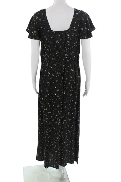 Able Women Maxi Wrap Dress Black Floral Short Sleeve V Neck 100% Viscose Size L