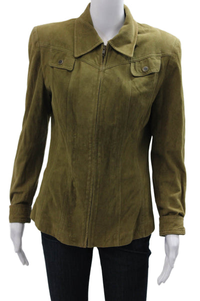 Wayne Rogers Womens Military Leather Jacket Green Collared Size 10