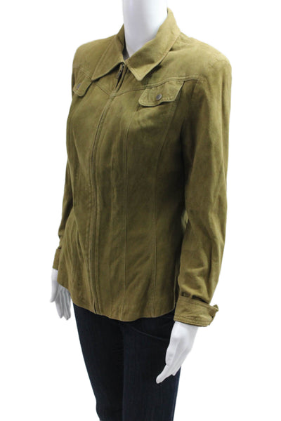 Wayne Rogers Womens Military Leather Jacket Green Collared Size 10