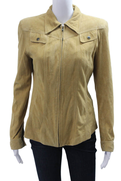 Wayne Rogers Women Beige Leather Collared Button Long Sleeve Jacket Size 8