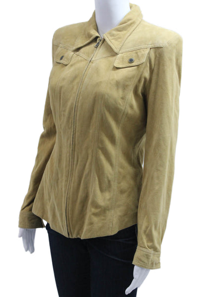 Wayne Rogers Women Beige Leather Collared Button Long Sleeve Jacket Size 8