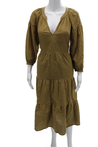 Xirena Womens Brown Cotton Shirt Dress V-Neck 3/4 Sleeve Button Size XS