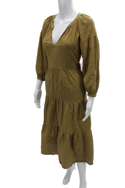 Xirena Womens Brown Cotton Shirt Dress V-Neck 3/4 Sleeve Button Size XS