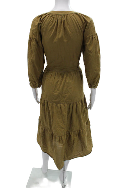 Xirena Womens Brown Cotton Shirt Dress V-Neck 3/4 Sleeve Button Size XS