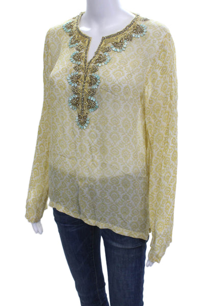 The J. Peterman Co. Women Tunic Blouse Yellow Paisley Rayon Long Sleeve Size 6