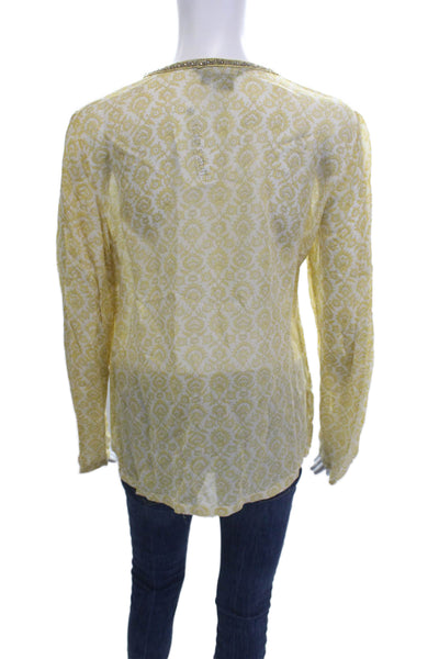 The J. Peterman Co. Women Tunic Blouse Yellow Paisley Rayon Long Sleeve Size 6