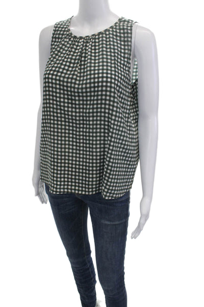 Tucker Women Green Silk Check Sleeveless Round Neck Button Blouse Size S