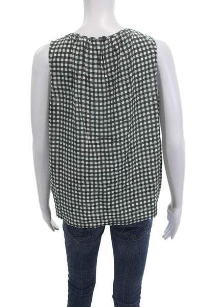 Tucker Women Green Silk Check Sleeveless Round Neck Button Blouse Size S