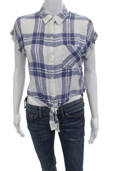 Rails Womens Cropped Plaid Button-Up Short Sleeve Blue Linen Petite Size S
