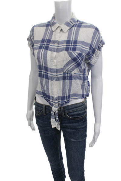 Rails Womens Cropped Plaid Button-Up Short Sleeve Blue Linen Petite Size S