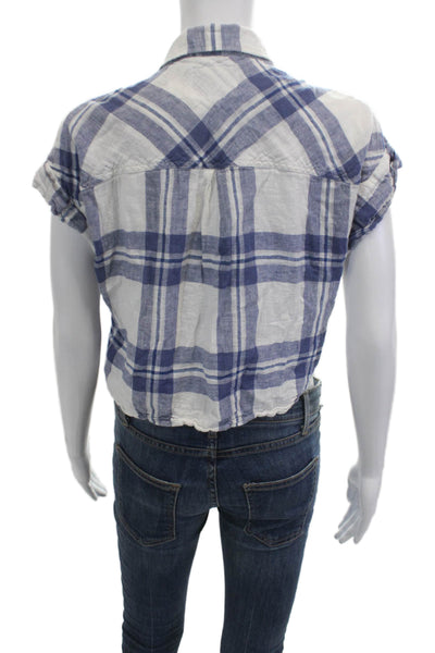 Rails Womens Cropped Plaid Button-Up Short Sleeve Blue Linen Petite Size S