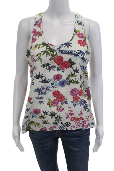 Nieves Lavi Womens White Floral Silk Tank Round Neck Sleeveless Size S