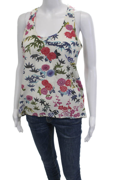 Nieves Lavi Womens White Floral Silk Tank Round Neck Sleeveless Size S
