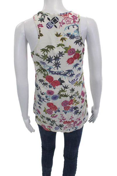 Nieves Lavi Womens White Floral Silk Tank Round Neck Sleeveless Size S