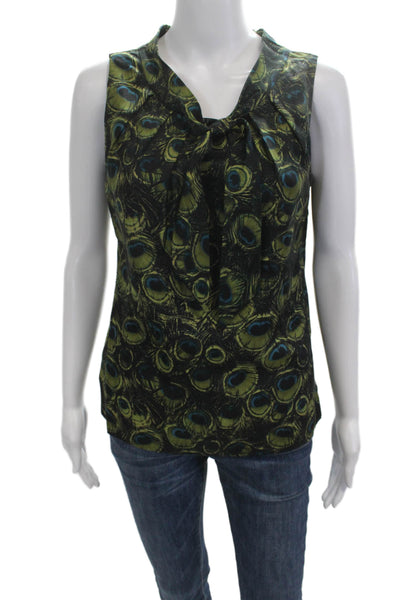 Milly Womens Sleeveless Black Silk Blouse Tie Neck Bird Print Size 4