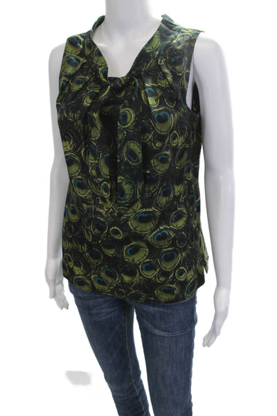 Milly Womens Sleeveless Black Silk Blouse Tie Neck Bird Print Size 4
