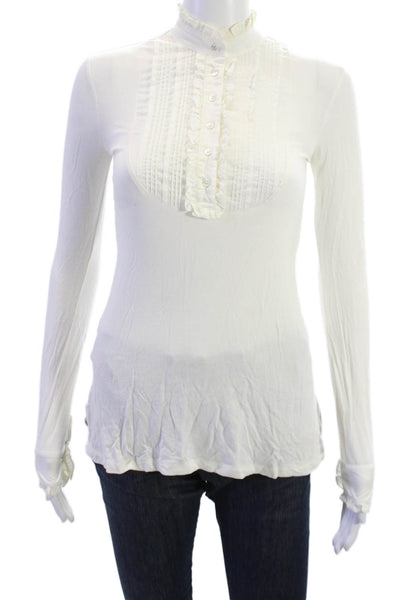 BCBG Max Azria Women White High Neck Button Up Long Sleeve Blouse Size 2XS