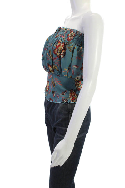 Tularosa Womens Cropped Sleeveless Boho Floral Drawstring Blue Top Size 2XS