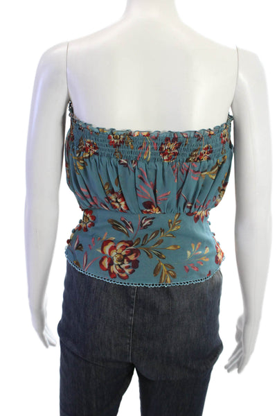 Tularosa Womens Cropped Sleeveless Boho Floral Drawstring Blue Top Size 2XS