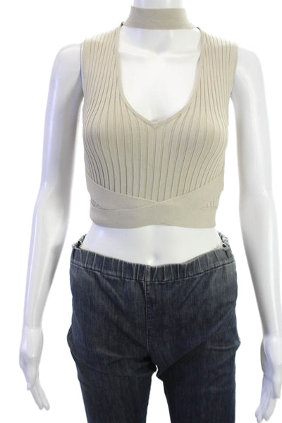 BCBG Max Azria Women Cropped Striped V-Neck Tank Beige Size 2XS