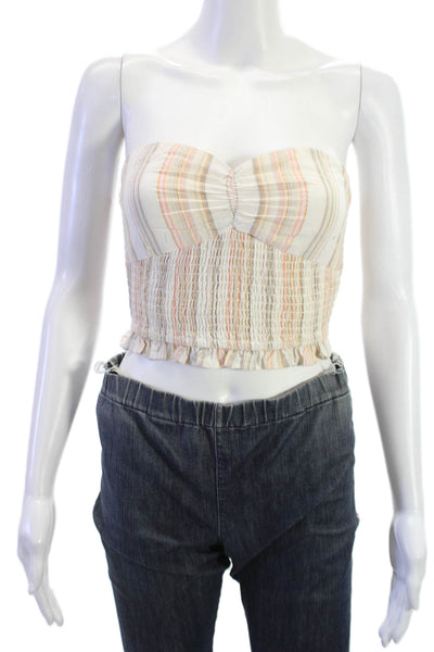 Tularosa Women Cropped Sleeveless Plaid Bohemian Top Beige Cotton Size 2XS