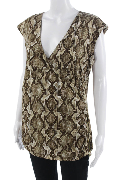 Michael Michael Kors Womens Tunic Beige Snake V-Neck Zip Sleeveless Size L