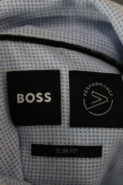 BOSS Mens Slim Fit Button Down Shirt Blue White Cotton Size 15.5