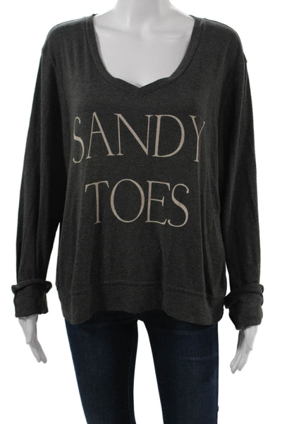 Wildfox Women Pullover Sweatshirts Dark Gray V-Neck Graphic Print Size M