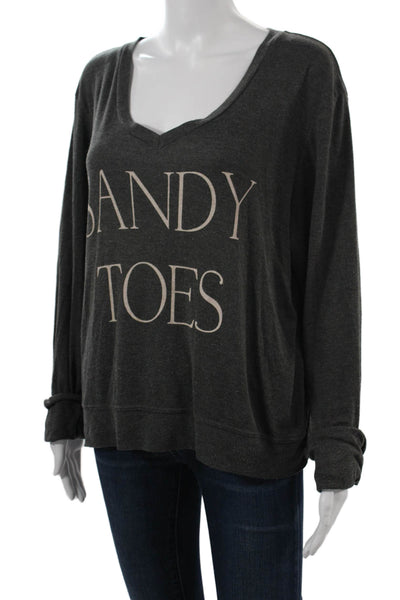 Wildfox Women Pullover Sweatshirts Dark Gray V-Neck Graphic Print Size M