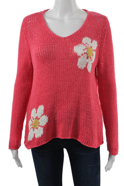 Wooden Ships Unisex Pullover V Neck Pink Floral Long Sleeve Sweater Size S