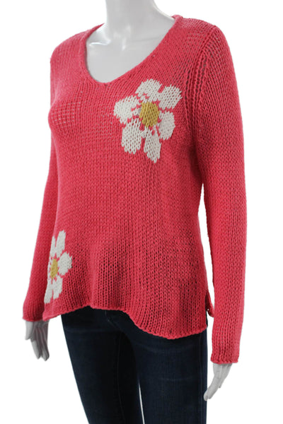 Wooden Ships Unisex Pullover V Neck Pink Floral Long Sleeve Sweater Size S
