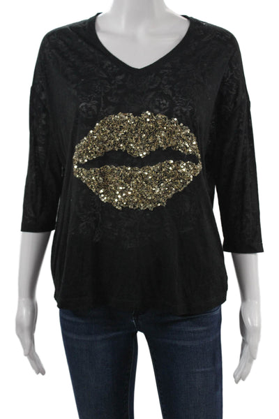 Patrizia Pepe Women Black V-Neck Graphic Rock T-Shirt 3/4 Sleeve Size 0