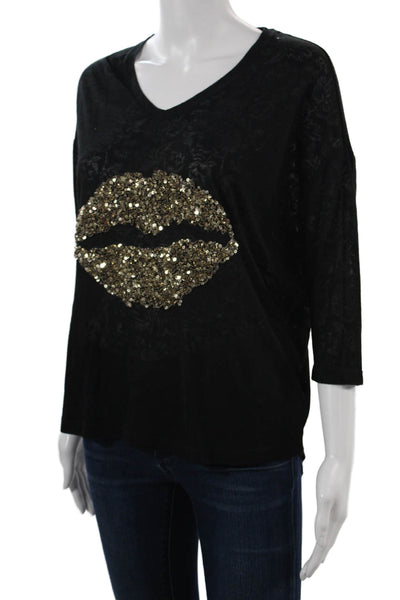 Patrizia Pepe Women Black V-Neck Graphic Rock T-Shirt 3/4 Sleeve Size 0
