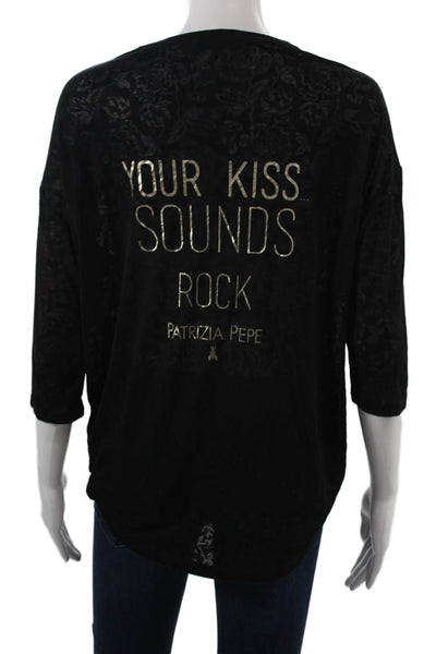 Patrizia Pepe Women Black V-Neck Graphic Rock T-Shirt 3/4 Sleeve Size 0