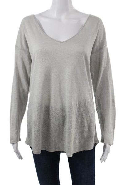 Ecru Women Gray Linen V-Neck Long Sleeve Basic T-Shirt Size M