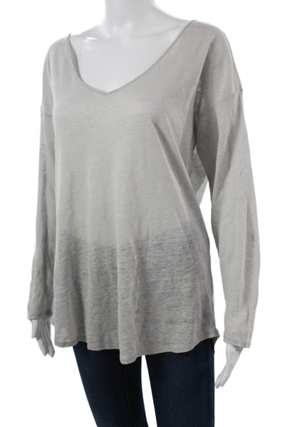 Ecru Women Gray Linen V-Neck Long Sleeve Basic T-Shirt Size M