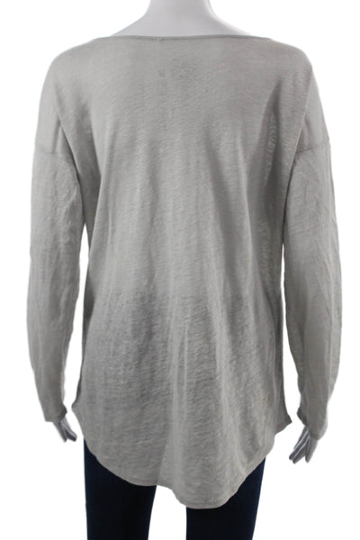 Ecru Women Gray Linen V-Neck Long Sleeve Basic T-Shirt Size M