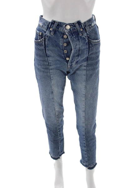 Zara Women Cropped Mom Jeans Blue Cotton High Rise Size 2