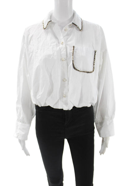 Zara Womens Collared Button-Up Blouse Long Sleeve White Classic Fall Size S