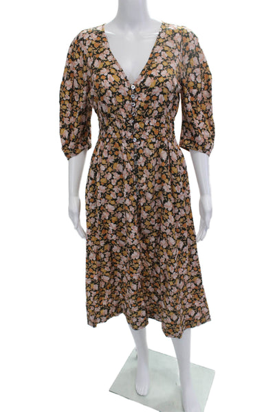 The Westside Womens Black Floral V Neck Shirt Dress 3/4 Sleeve Midi Size XS