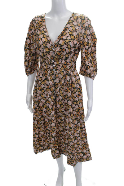 The Westside Womens Black Floral V Neck Shirt Dress 3/4 Sleeve Midi Size XS