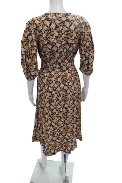 The Westside Womens Black Floral V Neck Shirt Dress 3/4 Sleeve Midi Size XS