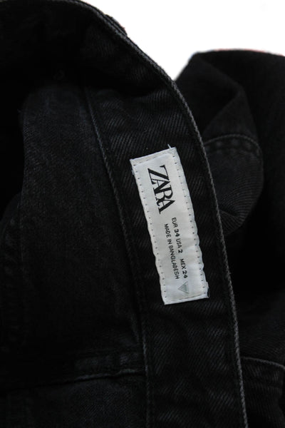 Zara Women Mom Straight Jeans Black High Rise Cotton Blend Size 2
