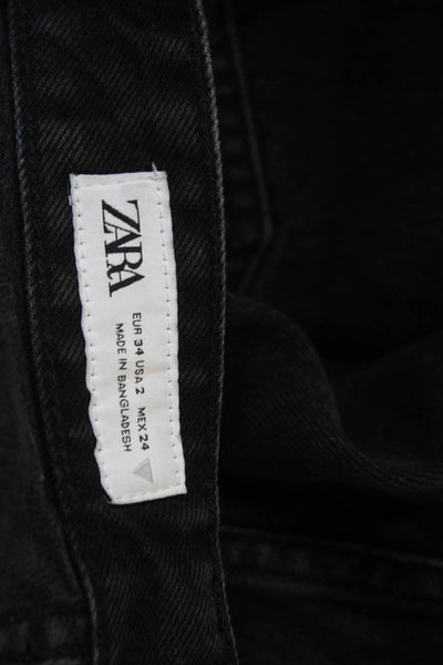 Zara Women Mom Straight Jeans Black High Rise Cotton Blend Size 2