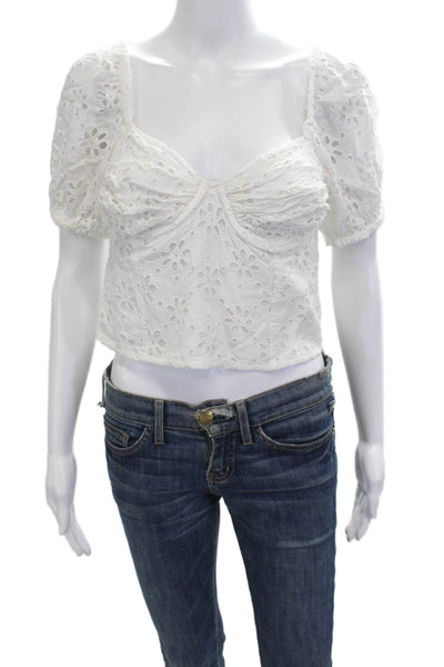 Society Amuse Women Cropped Blouse White Floral Neck Short Sleeve Size XS