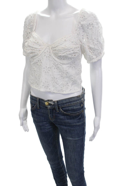 Society Amuse Women Cropped Blouse White Floral Neck Short Sleeve Size XS