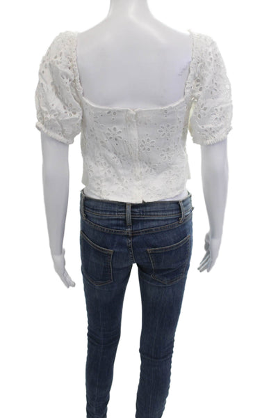 Society Amuse Women Cropped Blouse White Floral Neck Short Sleeve Size XS