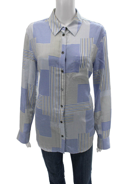 Equipment Femme Women Blue Silk Striped Collared Long Sleeve Button-Up Size M