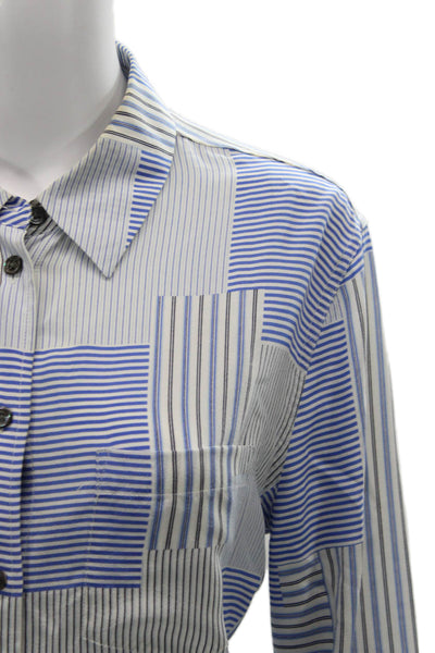 Equipment Femme Women Blue Silk Striped Collared Long Sleeve Button-Up Size M